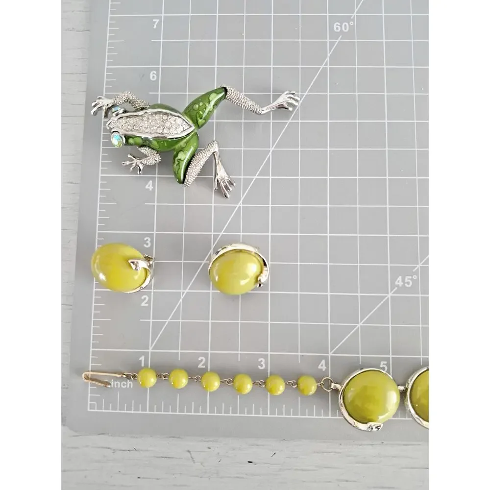Vintage Mid-Century Green Necklace Earring and Frog Brooch Set
